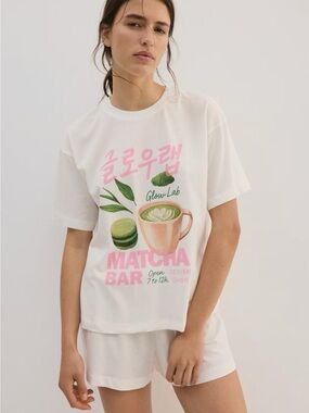 NWT H&M White Short-Sleeve Matcha Bar pajama set